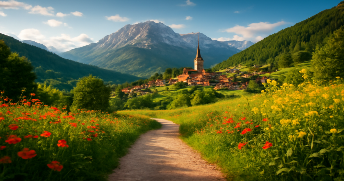 Stunning European landscape illustrating visa requirements for travel to Europe, featuring a village in the mountains.