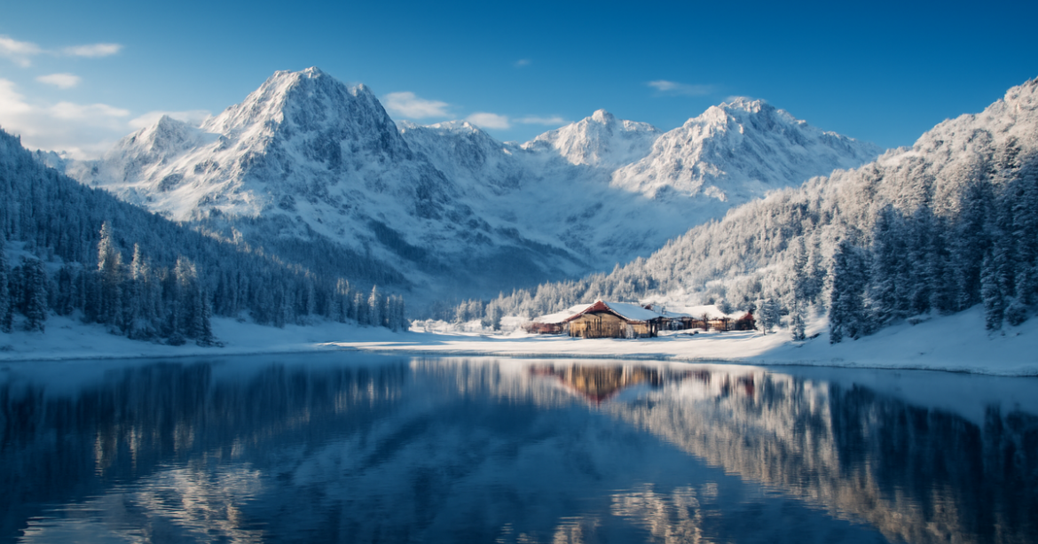 Explore stunning зимний отдых destinations with snowy mountains and serene lakes in a winter paradise.