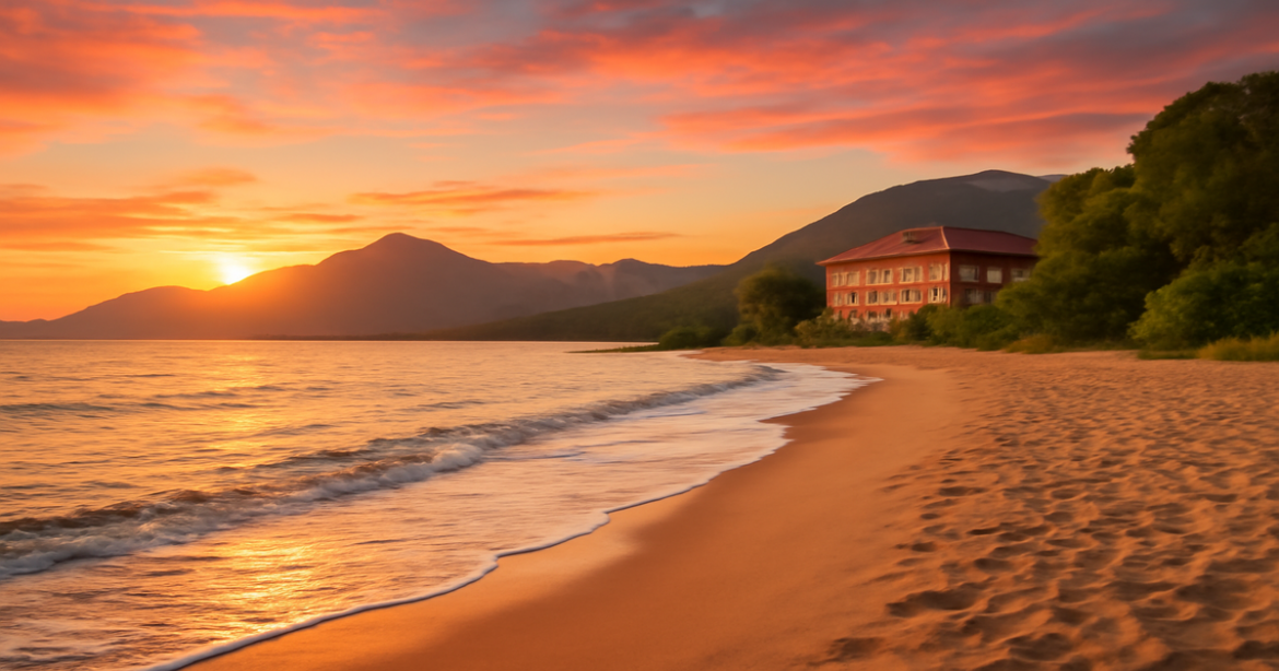 Discover budgetный отдых в России with stunning beaches and mountains in a serene sunset setting.