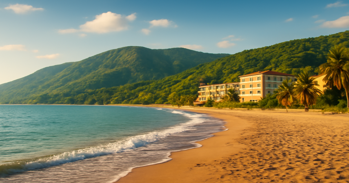 Stunning beach view for бюджетный отдых в Сочи with mountains and budget hotels in the background.