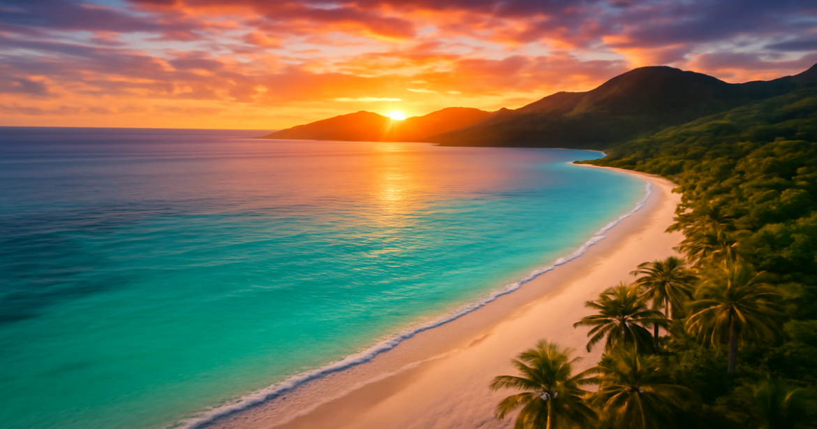 Beautiful tropical beach scene, evoking inspiration for buying билеты на самолет for your travels.
