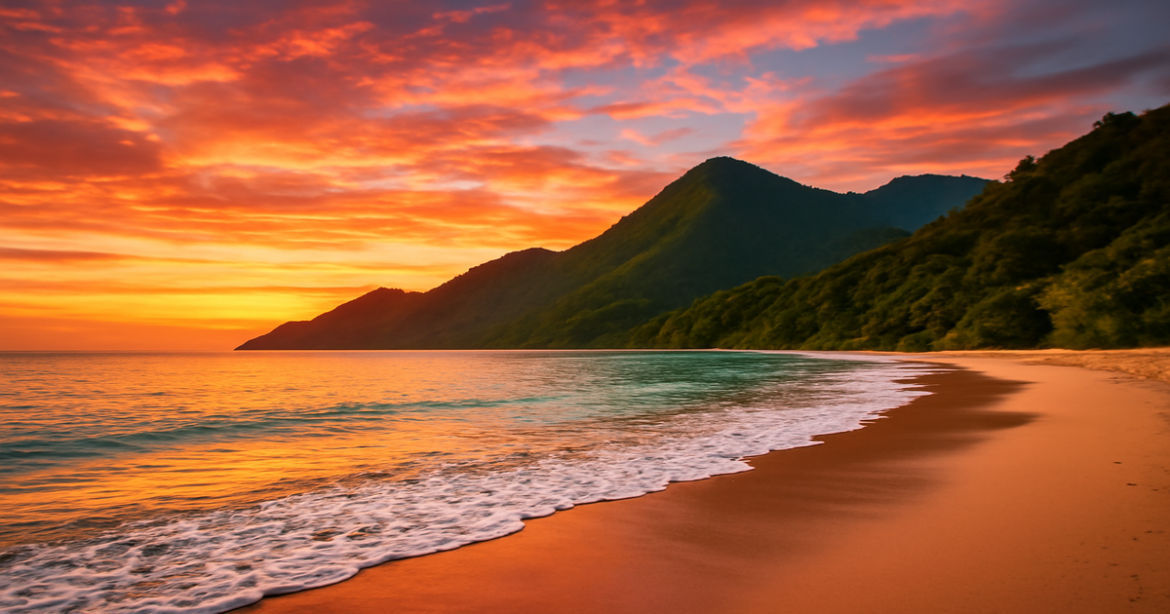 Stunning beach landscape in Asia for an unforgettable поездка в Азию, featuring mountains and a vibrant sunset.