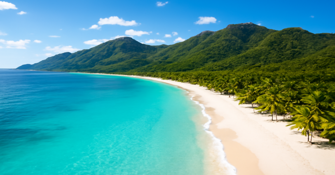 Aerial view of a beautiful beach, ideal for поиск авиабилетов for a perfect vacation.