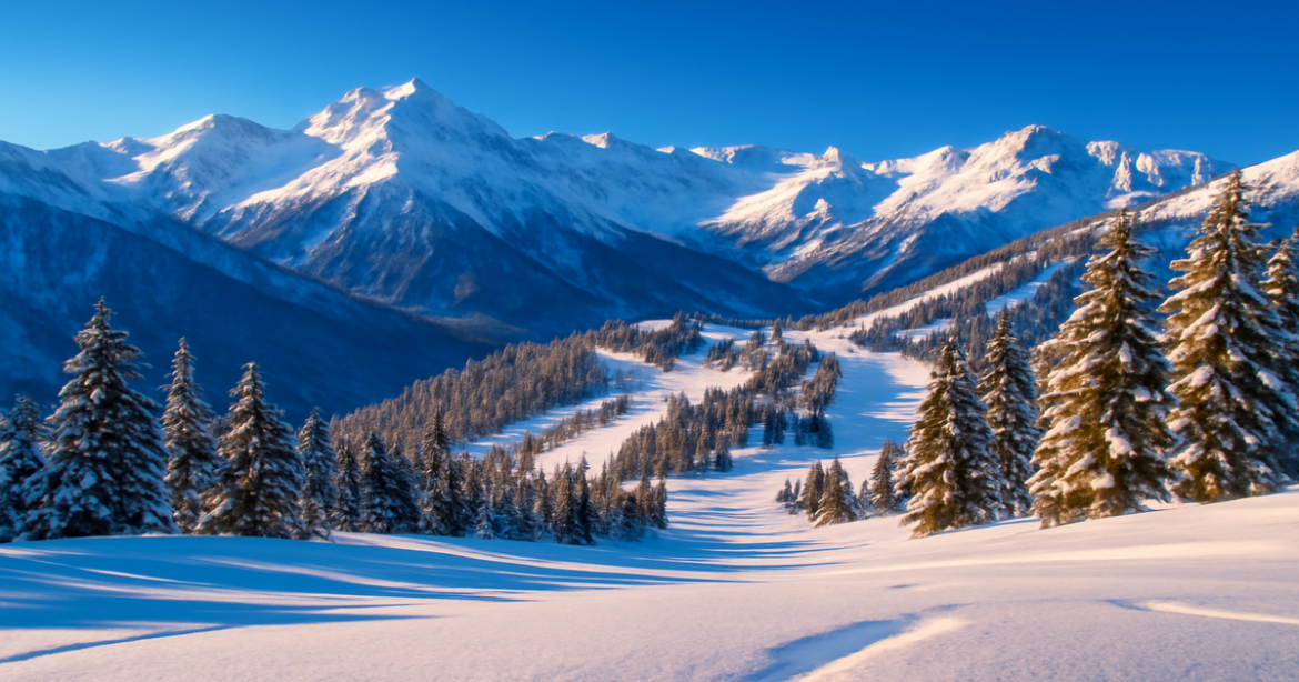Stunning winter view of горнолыжные курорты России, showcasing mountains and ski slopes in 2026.