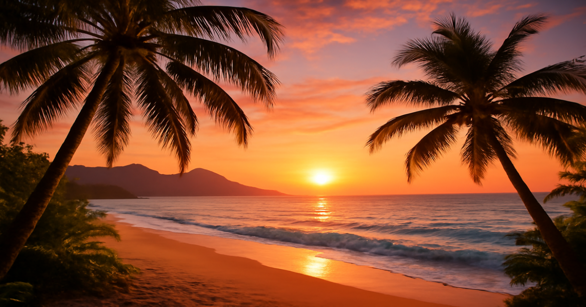 Stunning beach sunset scene, perfect for отдых на море, with mountains and palm trees framing the tranquil waters.