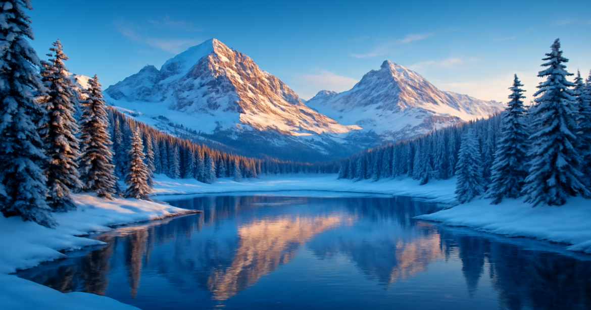 Stunning winter landscape showcasing perfect зимний отдых destinations with snow-covered mountains and a frozen lake.