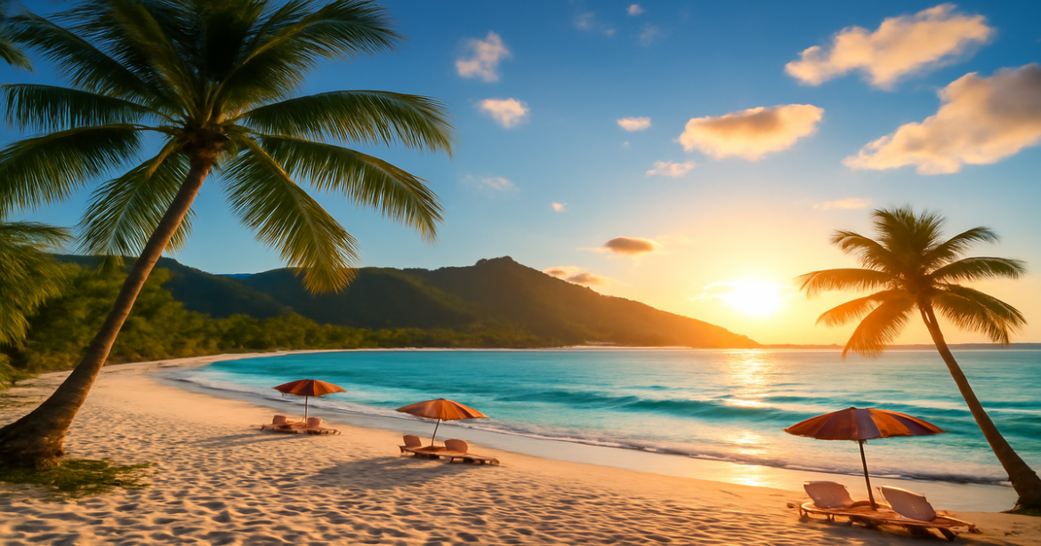 Stunning beach scene perfect for пляжный отдых, featuring turquoise waters and lush mountains.