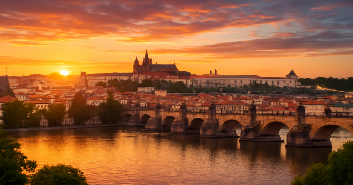 Stunning Prague skyline at sunset, ideal for understanding виза в Прагу.