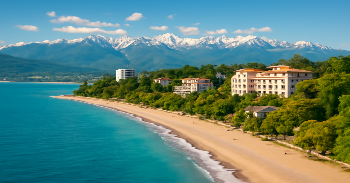 Explore the beauty of Sochi with this scenic image showcasing its beaches and mountains, ideal for a виза в Сочи guide.