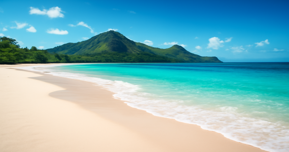 Stunning beach destination for планирование отпуска, featuring clear waters and lush mountains.