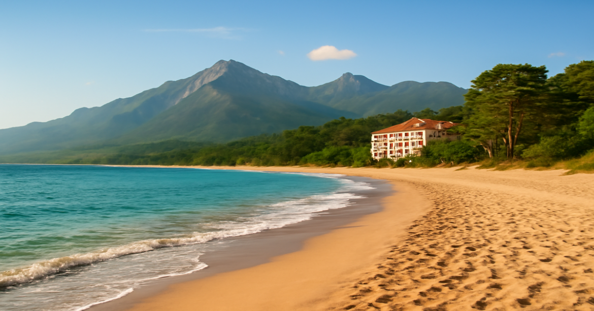 Stunning beach in Russia, perfect for планирование отпуска with mountains and hotels in view.