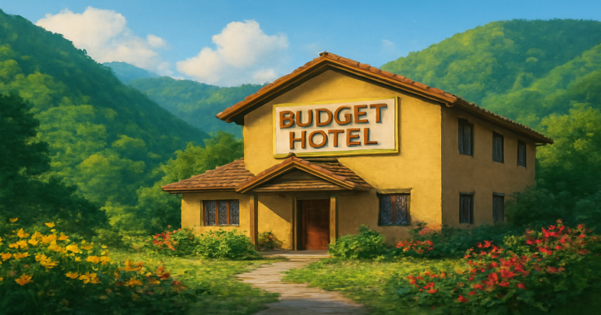 A picturesque budget hotel among mountains, ideal for a comfortable and affordable vacation.