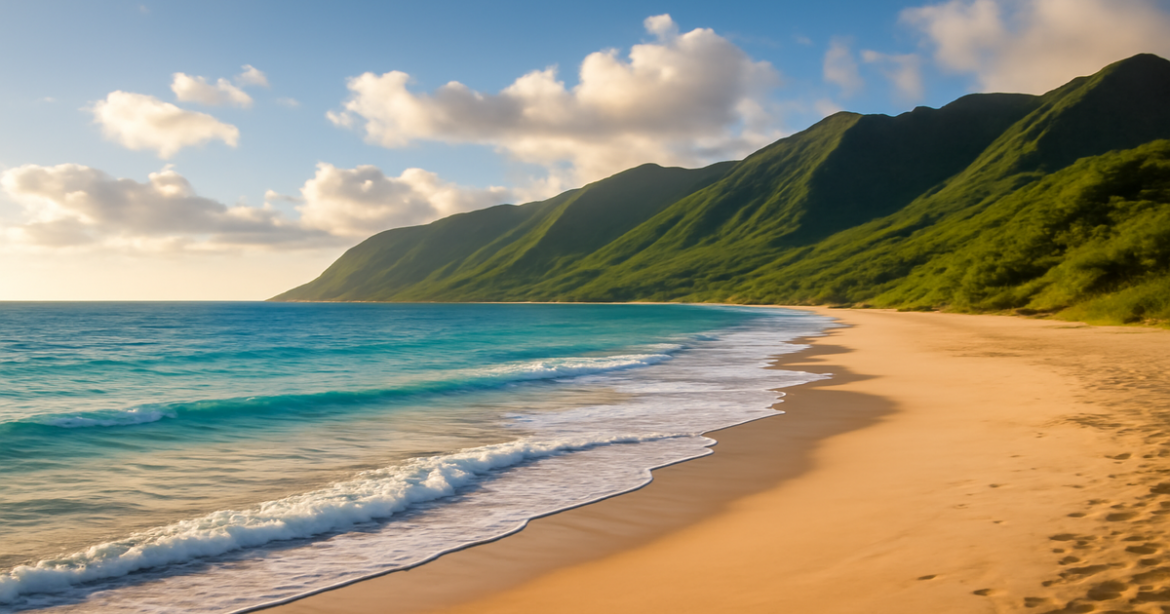 Stunning beach landscape ideal for соло-путешествия, featuring mountains and inviting nature.