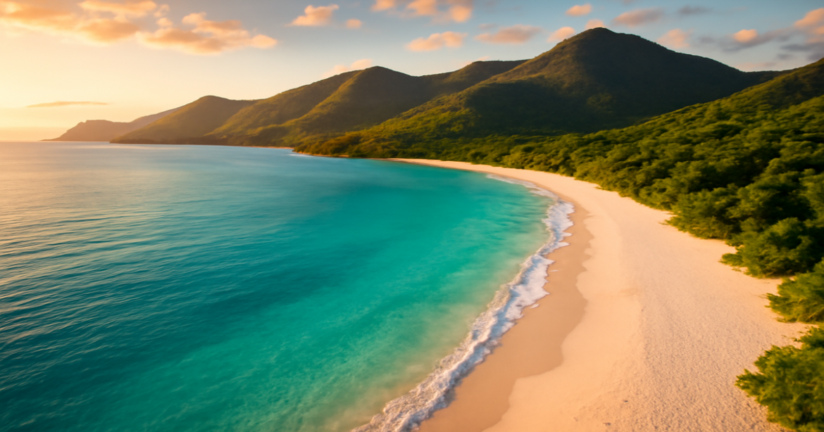 Beautiful beach and mountain landscape illustrating выбор авиабилета for travel inspiration.