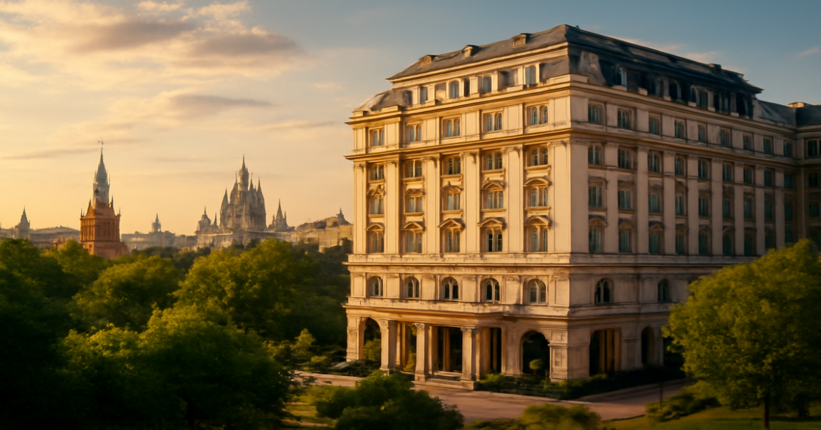 Luxurious отель в Москве with elegant architecture and vibrant city backdrop.