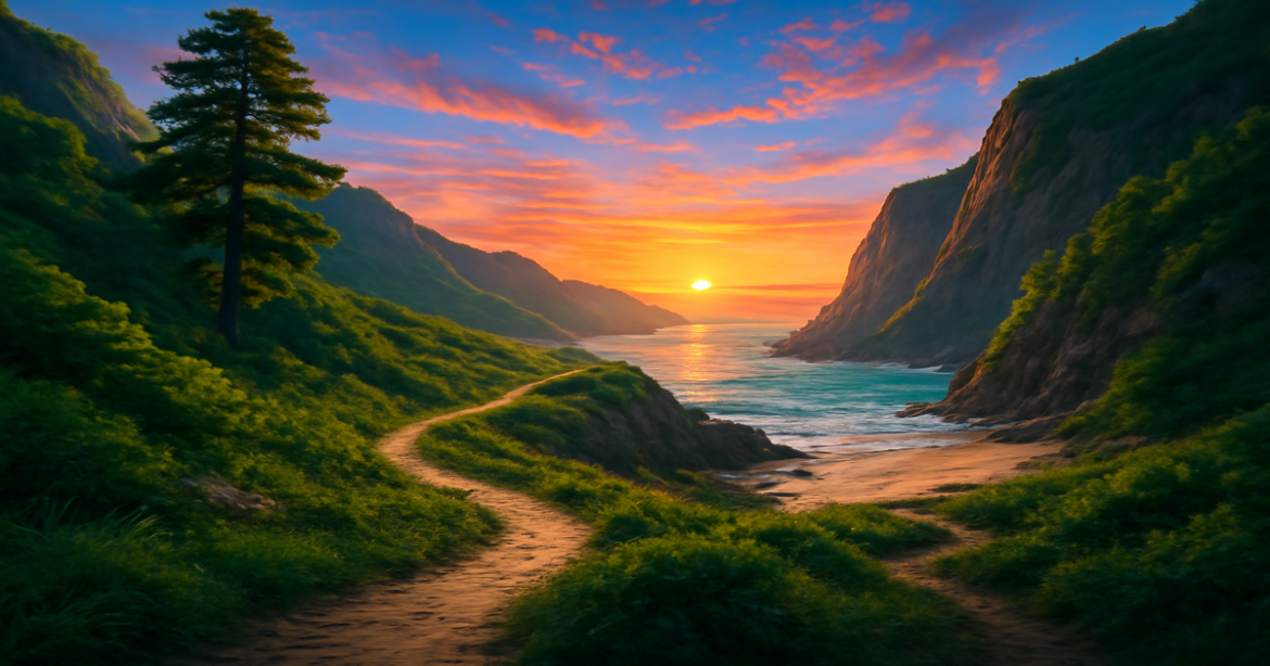 Explore a breathtaking маршрут для одиночного путешествия with scenic mountains and a tranquil beach at sunset.