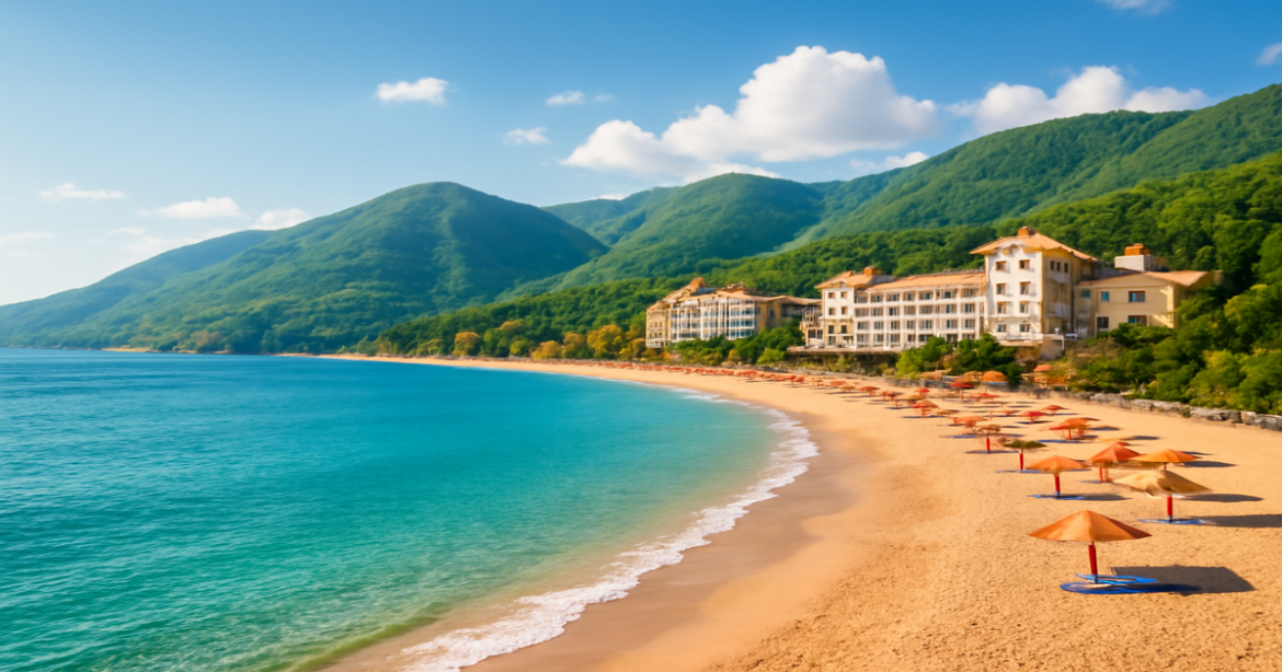 Stunning view of курорты Черного моря with beaches, mountains, and hotels for a perfect summer getaway.