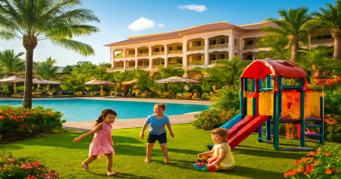 Family-friendly beach resort ideal for отпуск с детьми, featuring pools and playgrounds in a beautiful natural setting.