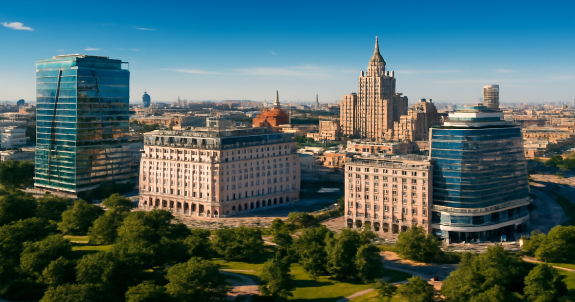 Explore the best hotels in Moscow with this stunning aerial view of the city's luxurious accommodations.