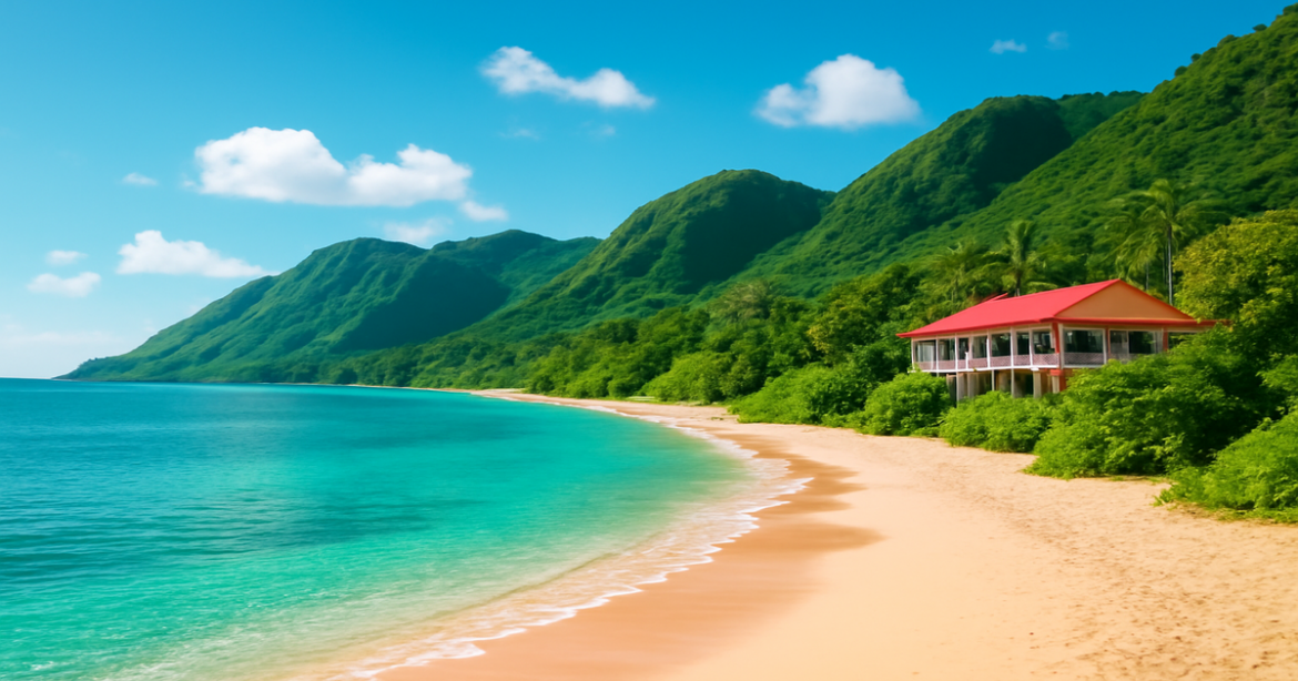 Stunning beach landscape exemplifying бюджетное путешествие with mountains and an inviting hotel.