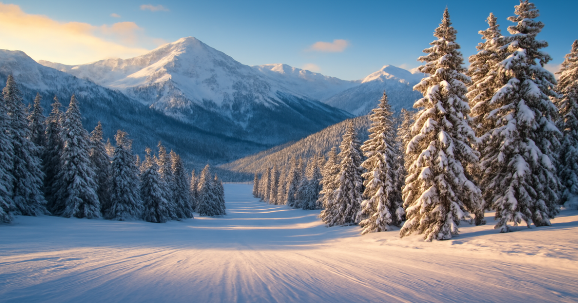 Stunning winter landscape of зимние курорты России with snow-covered mountains and ski slopes.