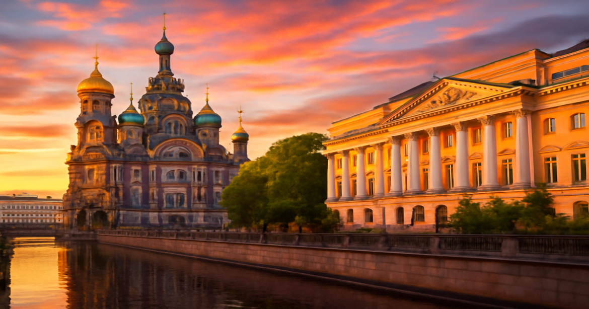 Explore the breathtaking достопримечательности Санкт-Петербурга, showcasing iconic landmarks at sunset.