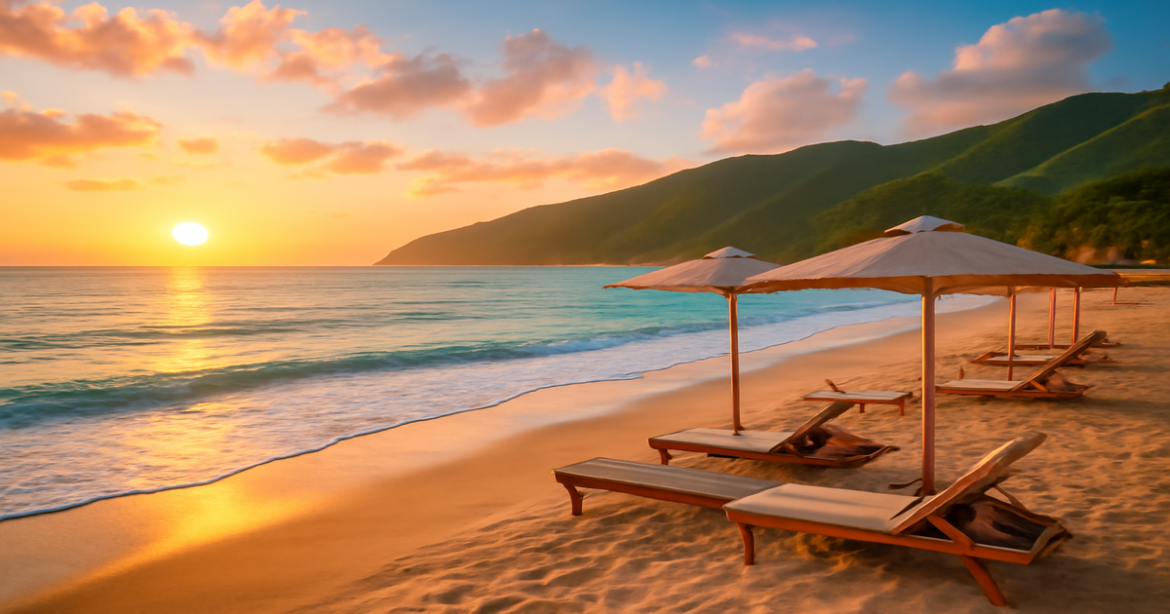 Explore breathtaking пляжные курорты России with stunning beaches and mountains under a vibrant sunset.