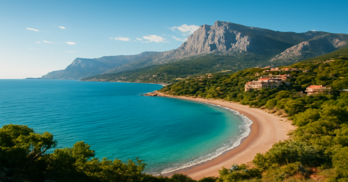 Explore the beauty of отдых в Крыму with stunning beaches and mountains in this inspirational travel image.