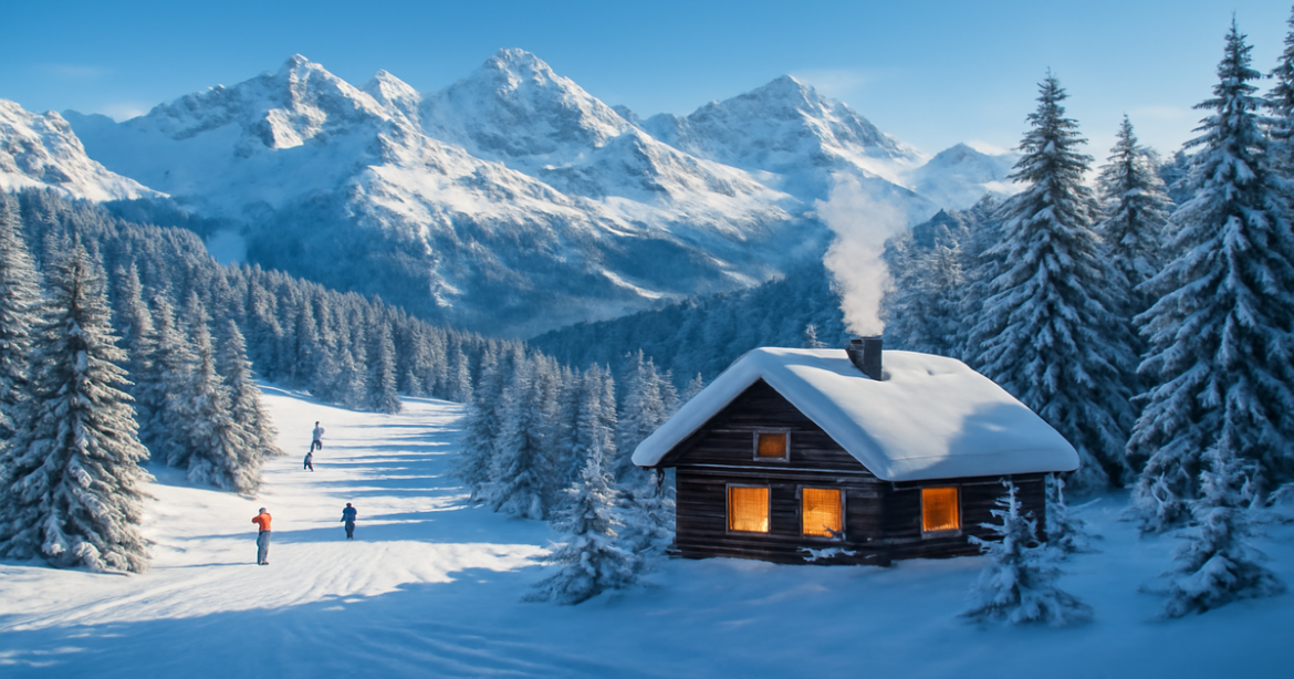 Winter landscape of a mountain resort perfect for отпуск в январе, featuring cozy cabins and ski slopes.