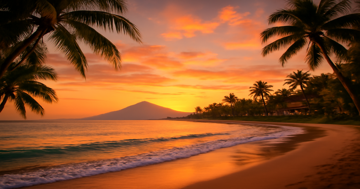 Stunning sunset view of a beach in Bali, showcasing the beauty of a vacation on Bali.