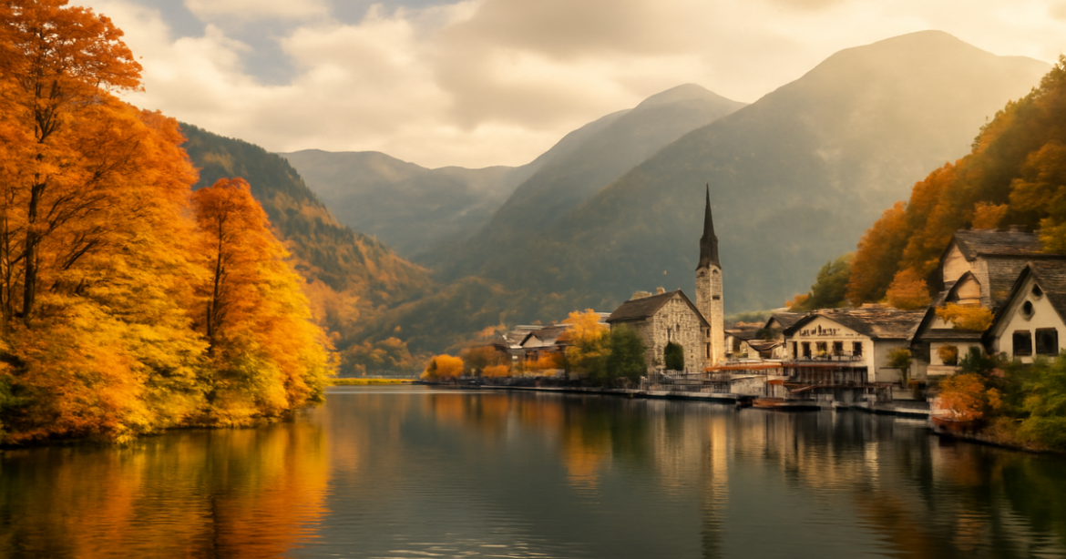 Stunning autumn landscape in Europe, perfect for 'отпуск осенью' with vibrant foliage and serene mountain views.