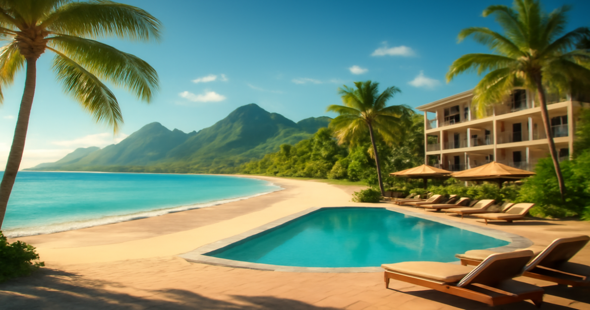 Inspiring travel scene for подготовка к отпуску, featuring a beautiful beach and mountains.