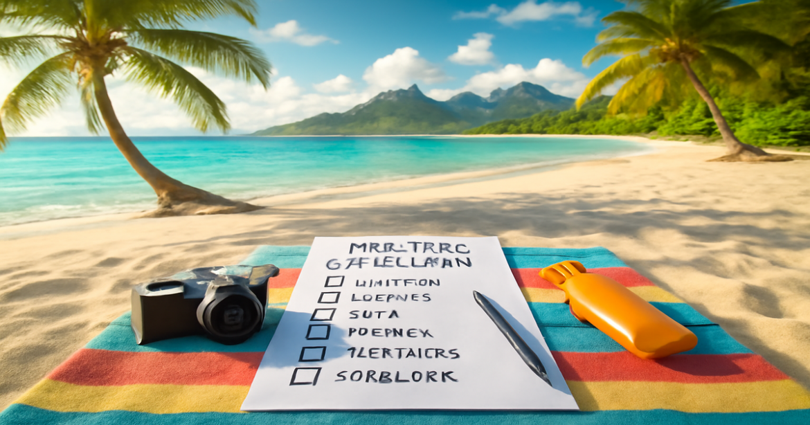 A beautiful beach scene illustrating подготовка к путешествию, featuring mountains and travel essentials.