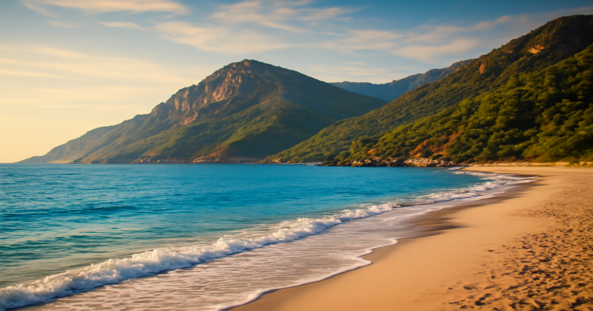 Stunning Turkish landscape showcasing a beach and mountains, ideal for travel inspiration regarding виза в Турцию.