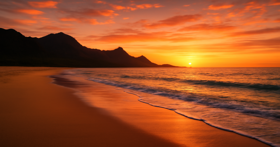 Stunning sunset beach scene, perfect for самостоятельные путешествия and travel inspiration.