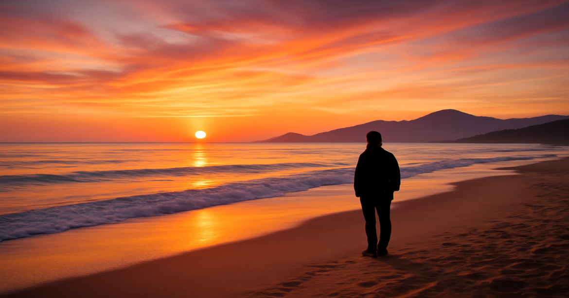 A stunning sunset beach scene that captures the essence of 'путешествие в одиночку'.