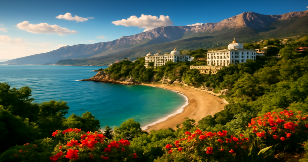 Stunning view of курорты Крыма, featuring Yalta's beaches and mountains in a vibrant landscape.