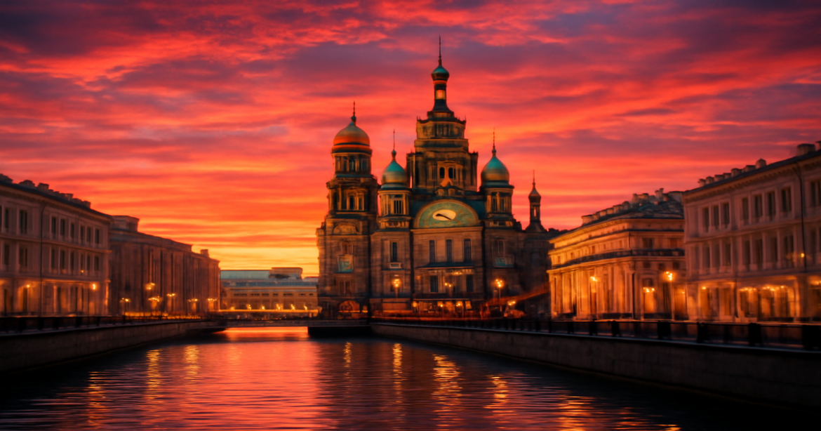 A breathtaking view of Санкт-Петербург's skyline at sunset, highlighting its iconic architecture.