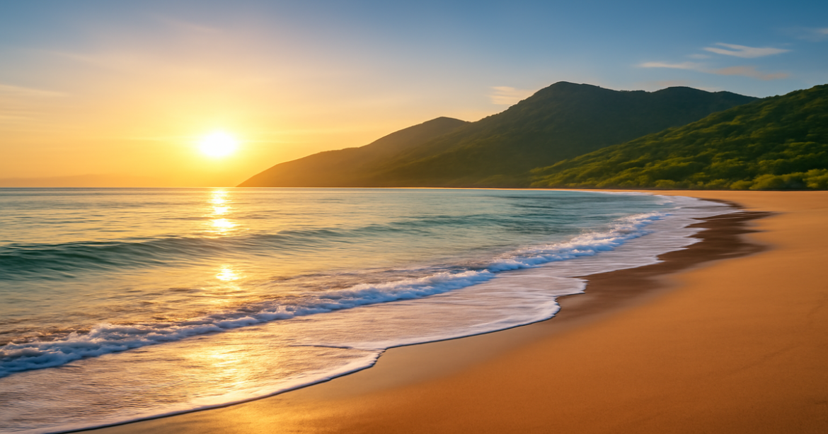 Stunning beach in Vietnam at sunrise, showcasing natural beauty and inviting adventure.
