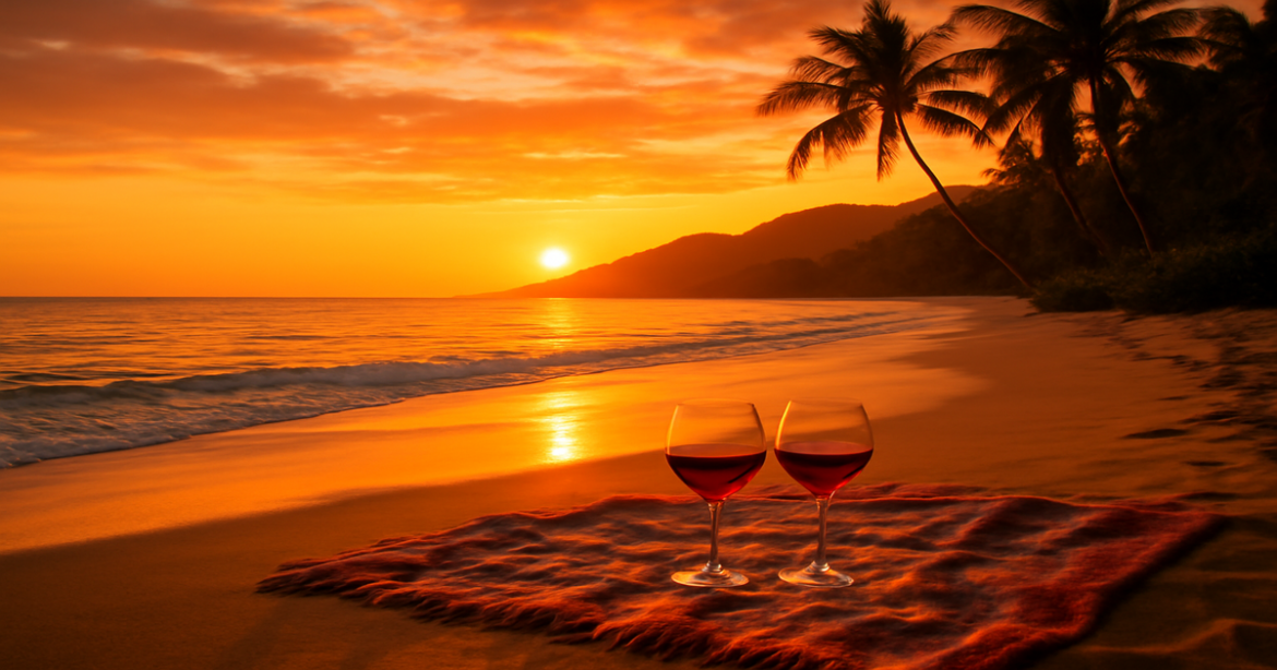 Beautiful beach sunset scene ideal for a романтический отпуск, showcasing serene nature and romance.
