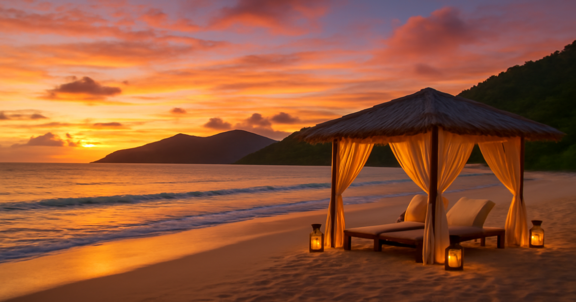 Stunning beach sunset for a романтическое путешествие, showcasing nature's beauty and adventure.