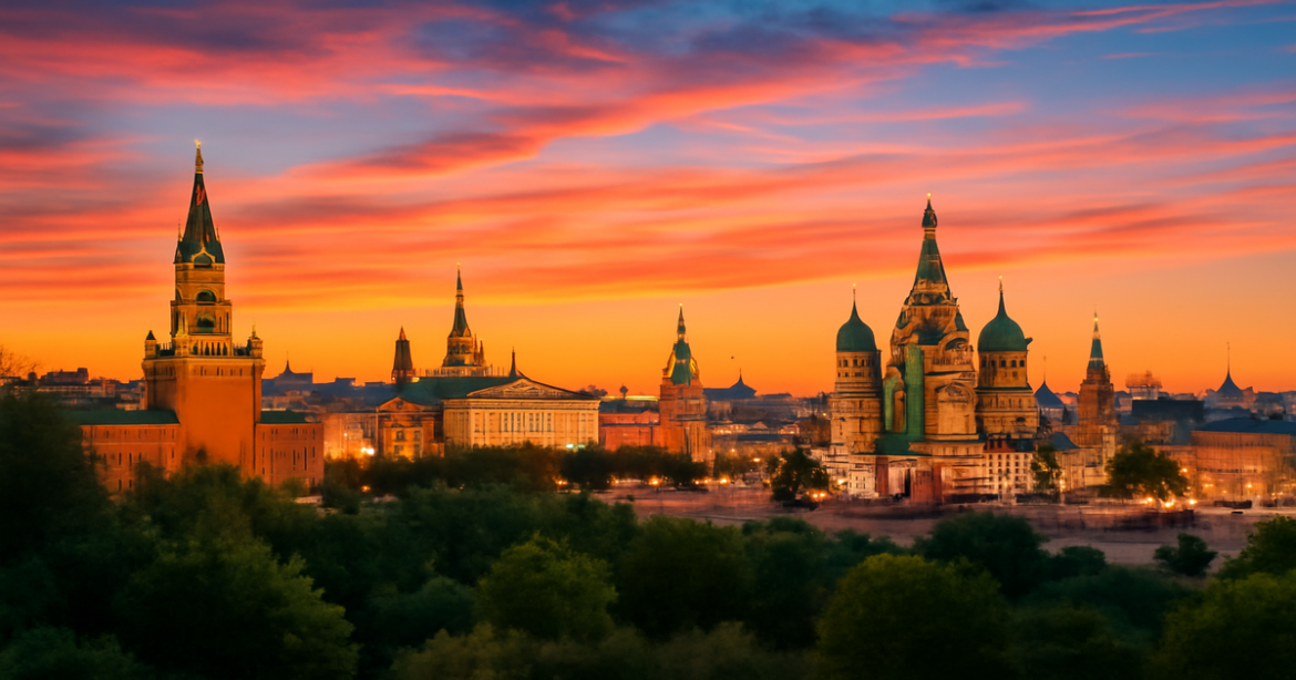 Explore the beauty of туристические аттракции Москвы with this stunning sunset view of Red Square and the Kremlin.