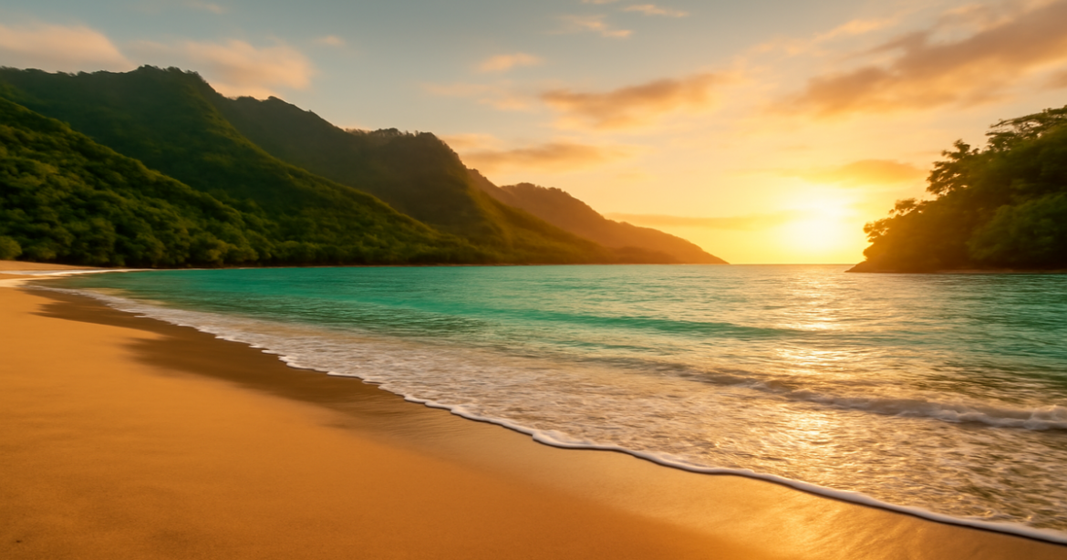 Explore the beauty of budgetное путешествие with this stunning beach and mountain landscape.