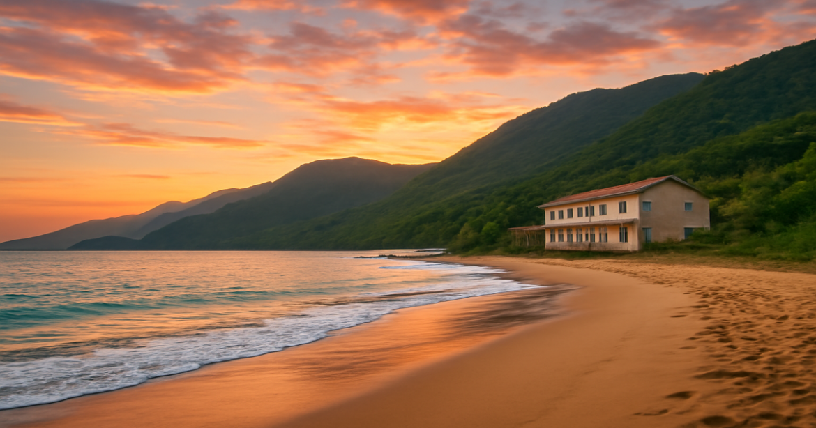 Inspiring budget travel image featuring a beautiful beach and mountains, perfect for a budgetное путешествие.
