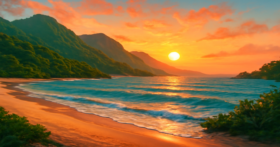 Bюджетное путешествие: a stunning beach sunset with mountains, embodying adventure and natural beauty.