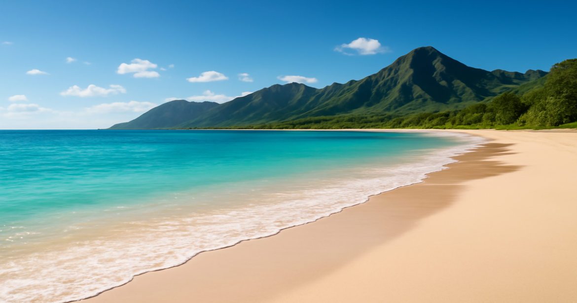 Stunning beach scene representing идеальный отдых на пляже with mountains, sand, and clear blue skies.
