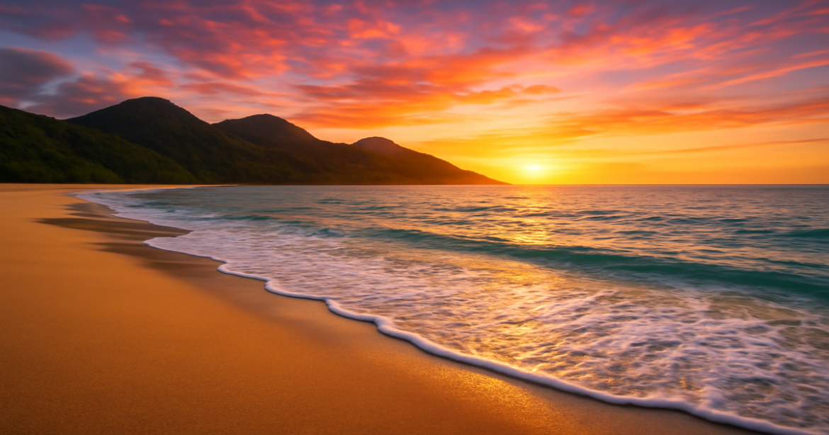 Beautiful beach sunset scene, ideal for planning путешествия and inspiring perfect getaways.