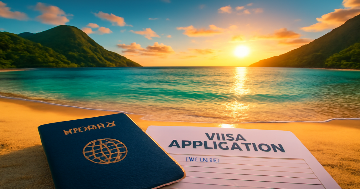 Stunning beach view emphasizing получение визы for successful world travel.