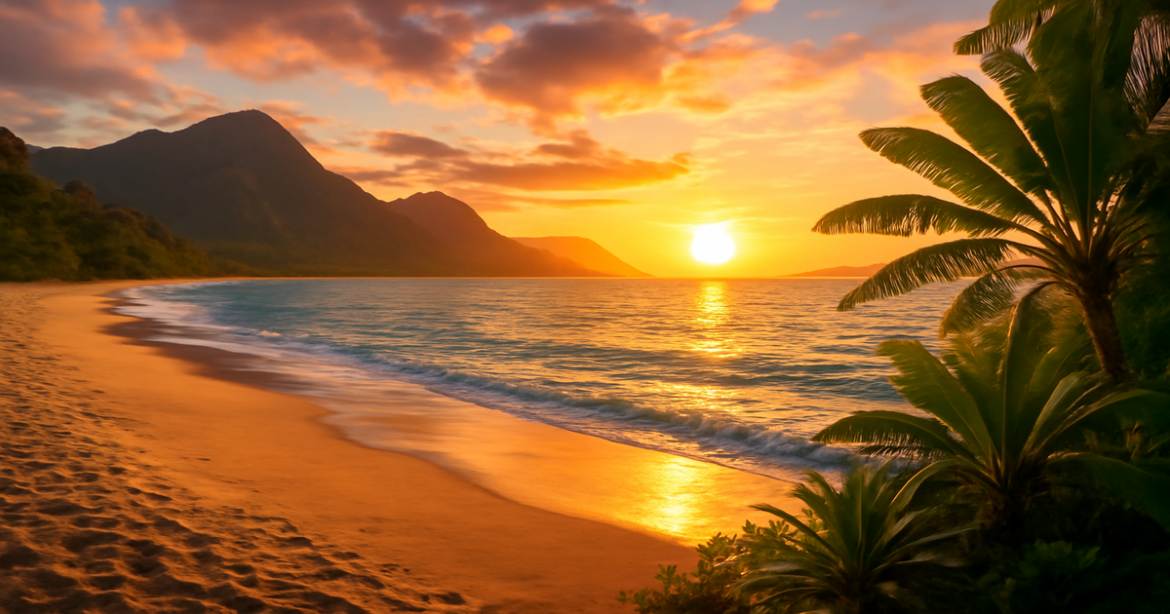 Stunning beach sunset scene perfect for семейное путешествие, showcasing nature's beauty and adventure.