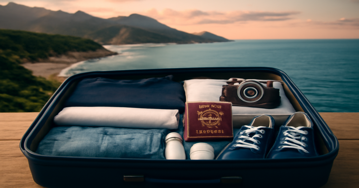 An inspiring packing for travel scene showcasing essential items and scenic destinations.
